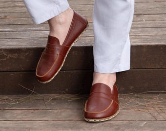 Men's Handmade Leather Barefoot Loafers: Brown Grounding Shoes