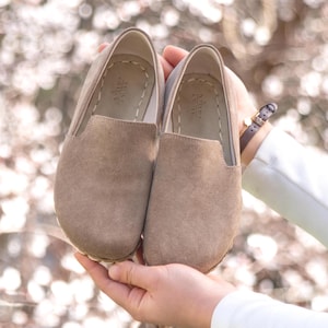 Latte Suede Leather Grounding Shoes: Wide Toe, Copper Rivets Barefoot Earthing Shoe