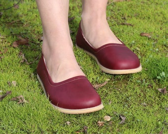 Women Barefoot Shoe, Barefoot Babette Women, Wide Toe Box Leather Shoe, Cherry Burgundy