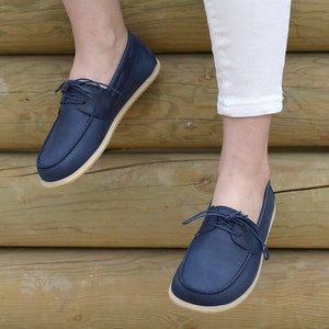 Zero Drop Women Barefoot Shoes, Handmade Leather Custom Shoes, Wide Toe Box Lace-up Footwear, Deep navy blue