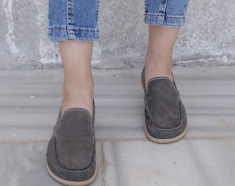 Women Barefoot Shoes, Handmade Leather Shoes, Zero Drop Wider Shoes, Women Moccasin, Minimalist Footwear,  Gray Nubuck