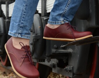 Personalisierte Männer Barfußschuhe, breite Zehenbox Leder Oxford Schnürschuhe, handgefertigte Zero Drop minimalistische Schuhe, Kirsche Burgund