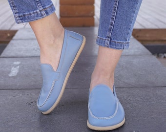 Zapatos descalzos para mujer, zapatos de cuero hechos a mano, zapatos más anchos con caída cero, mocasines para mujer, calzado minimalista, azul cielo