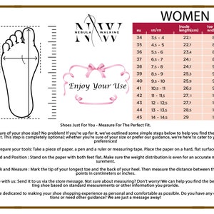 May include: A size chart for women's shoes with a graphic of a foot and measurements in US, EU, and centimeters. The chart shows the insole length and toe box width for each size.