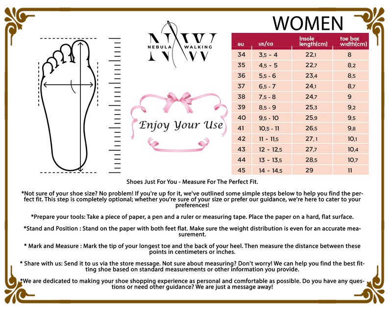May include: A size chart for women's shoes with a graphic of a foot and measurements in US, EU, and centimeters. The chart shows the insole length and toe box width for each size.