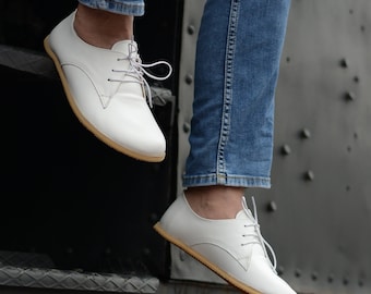 Heren blote voeten Oxford schoenen, handgemaakte Zero Drop gepersonaliseerde schoenen, Nebula White