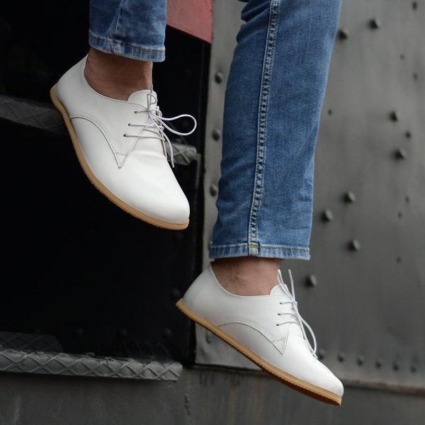 Men Barefoot Oxford Shoes, Handmade Zero Drop Personalized Shoes, Nebula White