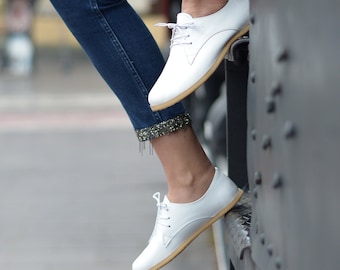 Barefoot Shoes Women, Handmade Oxford Shoes, Zero Drop Wide Toe Box, Leather Minimalist Shoes, Nebula White