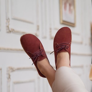 Burgundy Nubuck Leather Barefoot Shoes: Wide Toe Box Grounding Shoes