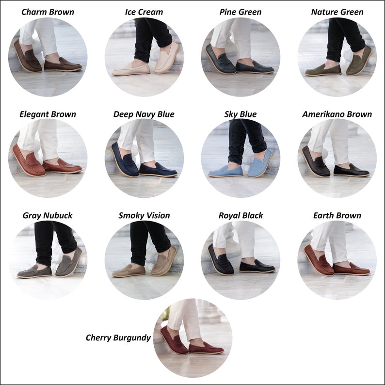 May include: A collage of 14 different colored leather loafers. Each loafer is shown on a model's foot, with the color name displayed above each image.