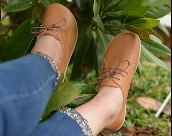 Handmade Leather Barefoot Shoes Women, Grounding Oxford Loafers