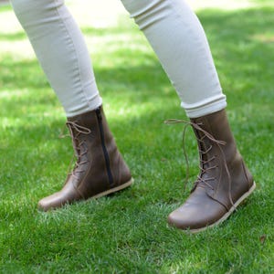Women Leather Barefoot Boots, Wide Toe Zero Drop Long Boots Charm Brown