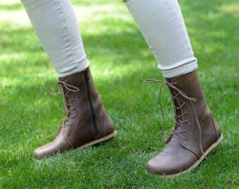 Women Leather Barefoot Boots, Wide Toe Zero Drop Long Boots Charm Brown