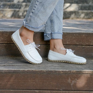 Handmade Barefoot Shoes Women - Natural Leather Grounding & Earthing Shoes - Zero Drop, Wide Toe Box - Copper Rivet Detail - Nebula White