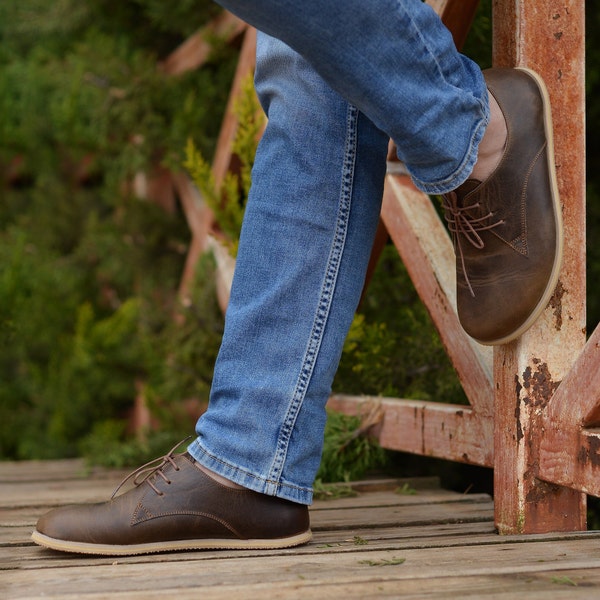 Men Oxford Handmade Barefoot Shoes, Zero Drop Oxford Shoes, Original Leather Barefoot, Customizable, Charm Brown