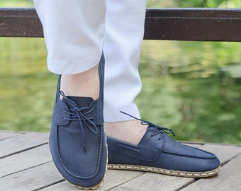 Men Barefoot Shoe, Handmade Earthing Shoe, Zero Drop Wide Toe Box, Leather Grounding Footwear,  Minimalist, Deep Navy Blue