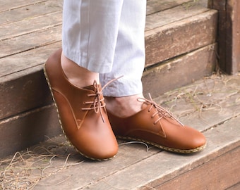 Men Leather Barefoot Shoes, Wide Shoes with Copper Rivets, Zero Drop Grounded Shoe, Handmade Earthed Footwear, Color Earth Brown