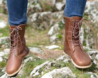 Women Barefoot Winter Long Boots, Handmade Leather Wide Toe Box Boots, Leather İnside And Out, Earth Brown