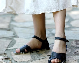 Handmade Leather Barefoot Sandals: Wide Black Sandals for Women