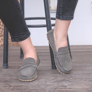 Barefoot Shoe Leather, Women Wide Shoes, Earthing Grounded Shoe, Women Barefoot Loafers, All Leather Shoes, Gray Nubuck