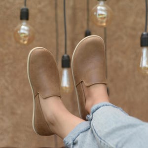 Women Grounding Barefoot Shoes, Natural Leather Earthing Shoes, Zero Drop Wide Toe Box, Fall Brown, Minimalist Comfort Shoes