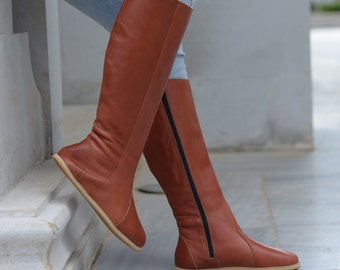 Handmade Brown Leather Barefoot Boots: Women's Tall Zipper Boots