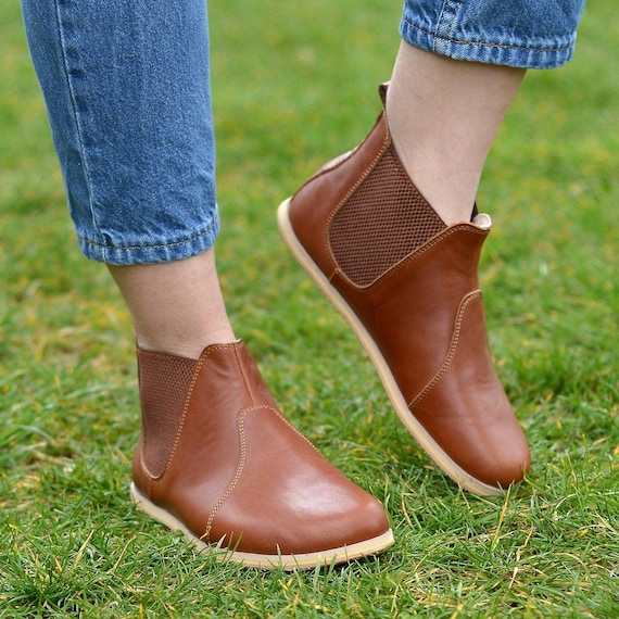 Barefoot Leather Chelsea Boots: Wide Toe, Zero Drop Handmade Boots, Elegant Brown