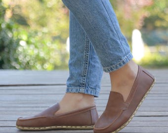 Leather Grounding Barefoot Shoes: Zero Drop Earth Brown Loafers