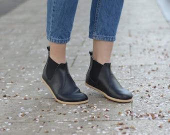 Bottines Chelsea en cuir faites main : bout large, Zero Drop Royal Black