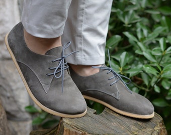 Men Barefoot Shoes, Oxford Shoes Men, Zero Drop Handmade Barefoot Shoes for Men, Gray Nubuck