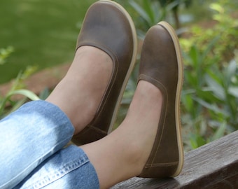 Women Barefoot Leather Shoes, Handmade Zero Drop Flats, Wide Toe Box Minimalist Shoes, Charm Brown Ballet Style