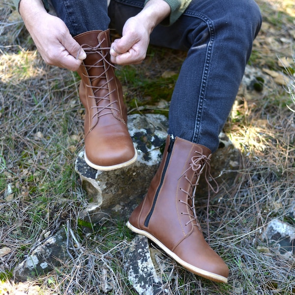 Men Leather Barefoot Boots, Handmade Minimalist Zero Drop Boots, Laced and Zipped Can Be Personified, Earth Brown