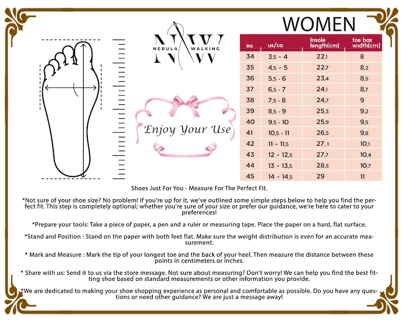 May include: A size chart for women's shoes with a graphic of a foot and measurements in US, EU, and centimeters. The chart shows the insole length and toe box width for each size.