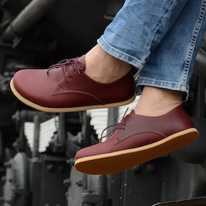 Men Barefoot  Shoes, Wide Toe Box Leather Oxford Shoes, Handmade Zero Drop Minimalist Shoes, Minimalist Casual Footwear,  Cherry Burgundy