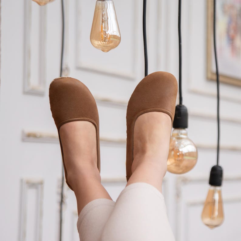 Handmade Women Grounding Barefoot Shoes - Natural Leather Earthing Shoes - Zero Drop Wide Toe Box - Fall Brown - Minimalist Comfort Shoes
