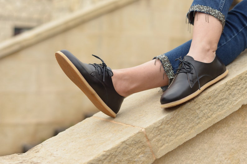 Frauen Barfußschuhe, Zero Drop breitere Schuhe, Hanmade Leder Schnürschuhe, Frauen Oxford Schuhe, Royal Schwarz Bild 5