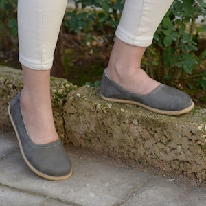 Handmade Gray Nubuck Leather Barefoot Shoes: Wide Toe Box