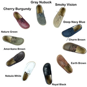May include: Ten pairs of leather boat shoes in various colors, including gray, brown, white, black, green, and blue. The shoes are arranged in a circle on a white background.