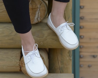 Personalized Women Handmade Barefoot Shoes, Custom Wide Toe Box Lace-up Zero Drop Footwear, Nebula White