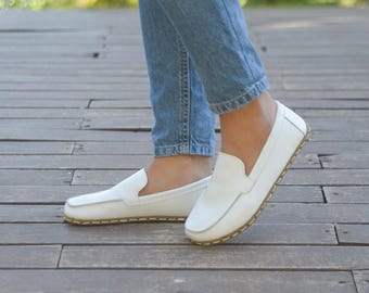 Women Leather Barefoot Shoes, Wider Grounding Shoes, Color Nebula White