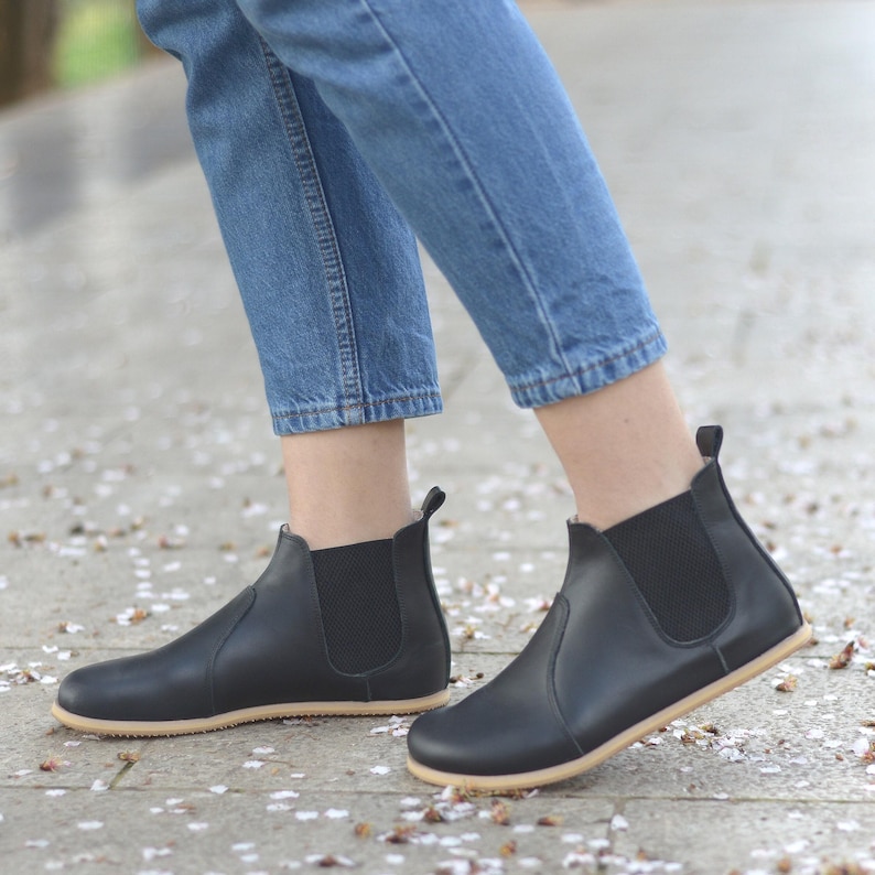 Women Chelsea Barefoot Boots, Zero Drop Leather Boots, Wide Toe Box Minimalist Boots, Royal Black Women's Boots,