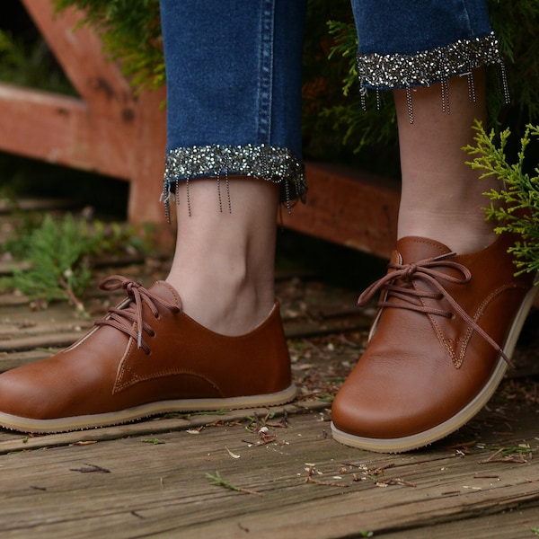 Handmade Women Barefoot Shoes, Oxford Leather Zero Drop Lace-up Wider Shoes, Elegant Brown