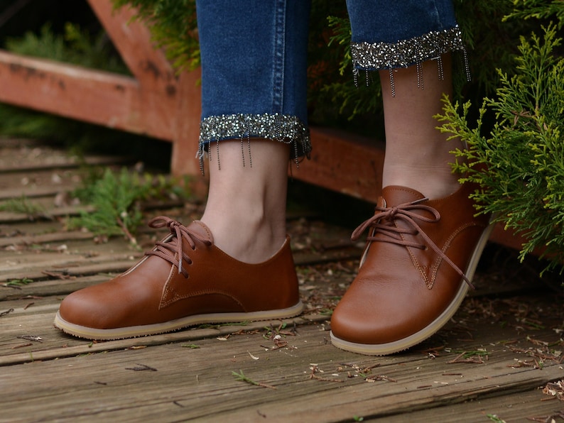 Handmade Women Barefoot Shoes, Oxford Leather Zero Drop Lace-up Wider Shoes, Elegant Brown image 1