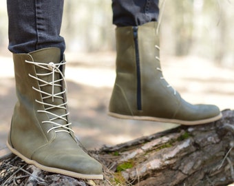 Men Military Boots, Leather Barefoo Boots, Handmade Combat Boots, Wide Toe Box Zero Drop Boots, Nature Green