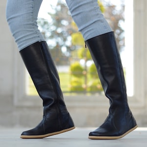 Lange laarzen dames blootsvoets, zero drop handgemaakte leren laarzen, brede neus met laarzen met rits, minimalistische zero drop-laarzen, koningsblauw