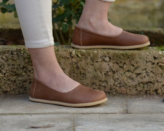 Women Leather Barefoot Shoes, Earth Brown Grounding Shoes