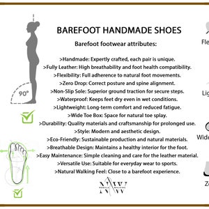 May include: Informative graphic detailing the attributes of barefoot handmade shoes. Features include flexible sole, lightweight design, wide toe box, and zero drop. The image also highlights the benefits of these shoes, such as correct posture and spine alignment.