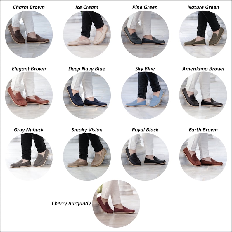 Op de afbeelding: Een collage van 14 verschillende gekleurde leren loafers. Elke loafer wordt getoond op de voet van een model, met de kleurnaam boven elke afbeelding.