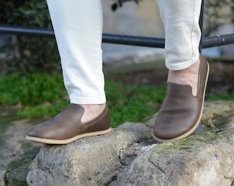 Mocasines descalzos de cuero hechos a mano para hombre: puntera ancha, caída cero