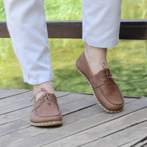 Barefoot-schoen heren, handgemaakte aardingsschoen, brede teenendoos zonder drop, leren aardingsschoenen, minimalistisch, zacht leer, aardebruin